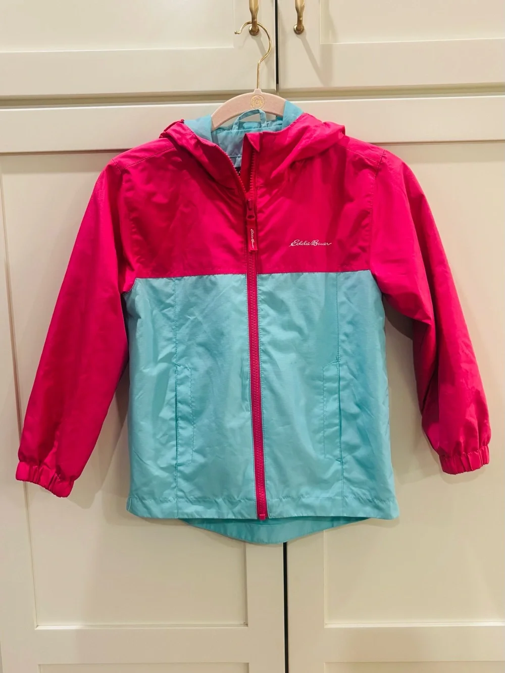 Eddie Bauer Kids Colorblock Hooded Rain Jacket - Hot Pink & Light Blue
